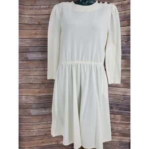 Vintage 80s 90s Tabby Cream Knee Length Dress Size 14 L Long Sleeve & Pockets